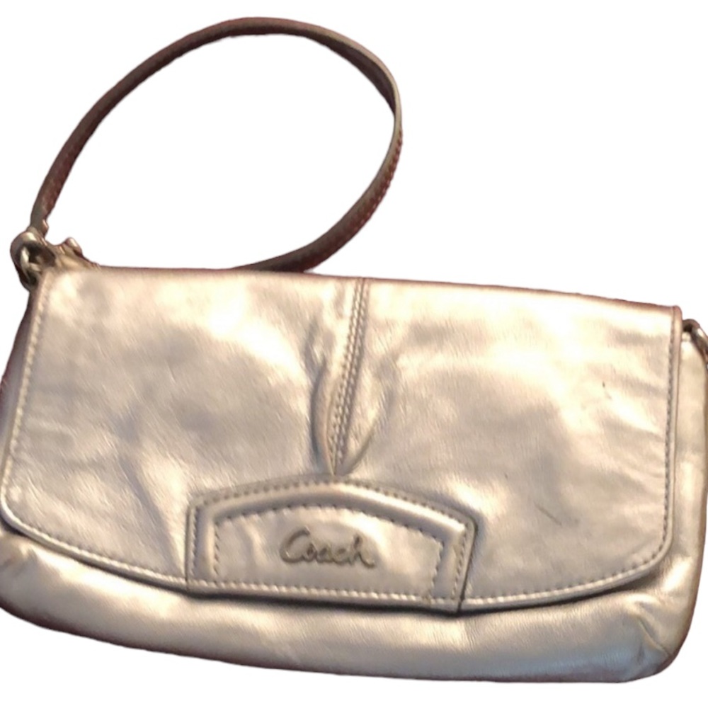 Coach  silver metallic genuine leather large wristlet or clutch 9” long  …